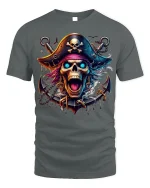 Flaming Skull Pirate T-shirt with Neon Artwork - gray t-shirt on white background