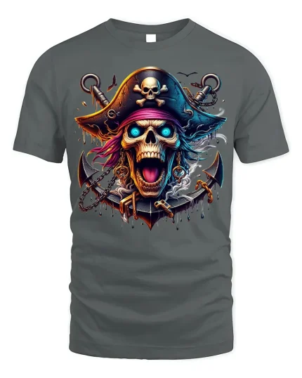 Flaming Skull Pirate T-shirt with Neon Artwork - gray t-shirt on white background
