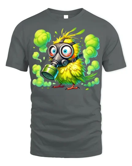 Funny Toxic Bird in Gas Mask T-shirt Design - gray t-shirt on white background