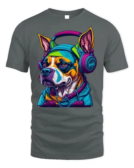Cool DJ Dog T-shirt with Headphones Graphic - gray t-shirt on white background