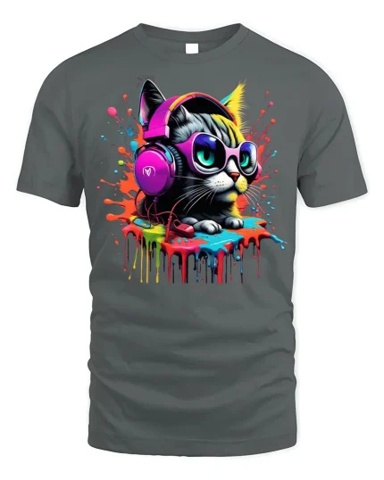 Cool Cat T-shirt with Headphones and Paint Splash - gray t-shirt on white background
