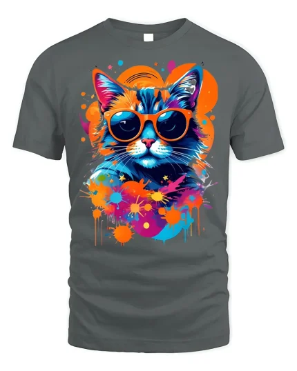 Colorful Cool Cat T-shirt with Sunglasses Art - gray t-shirt on white background