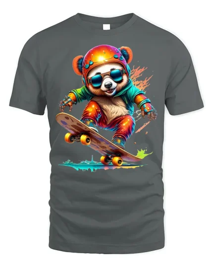 Skater Panda T-shirt with Colorful Street Art - gray t-shirt on white background