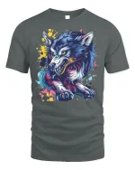 Neon Wild Wolf T-shirt with Street Art Style - gray t-shirt on white background