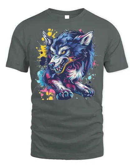 Neon Wild Wolf T-shirt with Street Art Style - gray t-shirt on white background