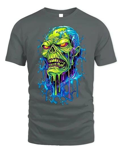 Neon Melting Zombie Head T-shirt for Men - gray t-shirt on white background