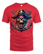 Flaming Skull Pirate T-shirt with Neon Artwork - red t-shirt on white background