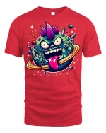 Punk Planet Cartoon T-shirt with Space Art Print - red t-shirt on white background