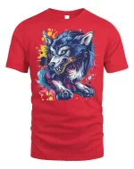 Neon Wild Wolf T-shirt with Street Art Style - red t-shirt on white background