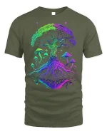 Psychedelic Tree and Mushroom T-shirt Art - military green t-shirt on white background