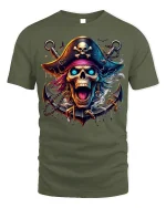 Flaming Skull Pirate T-shirt with Neon Artwork - military green t-shirt on white background