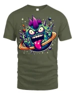 Punk Planet Cartoon T-shirt with Space Art Print - military green t-shirt on white background