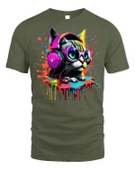 Cool Cat T-shirt with Headphones and Paint Splash - military green t-shirt on white background