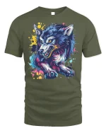 Neon Wild Wolf T-shirt with Street Art Style - military green t-shirt on white background