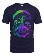 Psychedelic Tree and Mushroom T-shirt Art - navy t-shirt on white background