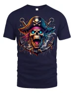 Flaming Skull Pirate T-shirt with Neon Artwork - navy t-shirt on white background