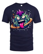 Punk Planet Cartoon T-shirt with Space Art Print - navy t-shirt on white background