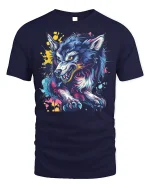 Neon Wild Wolf T-shirt with Street Art Style - navy t-shirt on white background