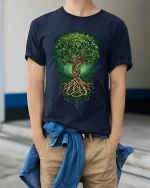 Celtic Tree of Life Nature T-shirt Design - model wearing Navy T-shirt, hands in pockets, denim shirt at waist