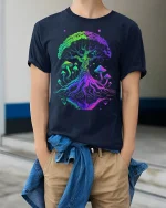 Psychedelic Tree and Mushroom T-shirt Art - model wearing Navy T-shirt, hands in pockets, denim shirt at waist