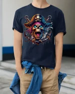 Flaming Skull Pirate T-shirt with Neon Artwork - model wearing Navy T-shirt, hands in pockets, denim shirt at waist
