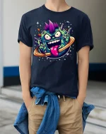 Punk Planet Cartoon T-shirt with Space Art Print - model wearing Navy T-shirt, hands in pockets, denim shirt at waist