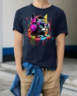 Cool Cat T-shirt with Headphones and Paint Splash - model wearing Navy T-shirt, hands in pockets, denim shirt at waist