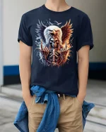 American Eagle Skeleton Rock T-shirt for Men - model wearing Navy T-shirt, hands in pockets, denim shirt at waist