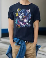 Neon Wild Wolf T-shirt with Street Art Style - model wearing Navy T-shirt, hands in pockets, denim shirt at waist
