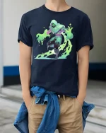 Neon Slime Ninja T-shirt for Gamers and Geeks - model wearing Navy T-shirt, hands in pockets, denim shirt at waist