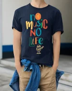No Music No Life Colorful Quote T-shirt for Men - model wearing Navy T-shirt, hands in pockets, denim shirt at waist