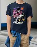 Crazy Monster Basketball Car T-shirt Design - model wearing Navy T-shirt, hands in pockets, denim shirt at waist