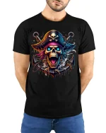 Flaming Skull Pirate T-shirt with Neon Artwork - model with hands behind back, wearing Black T-shirt and blue jeans