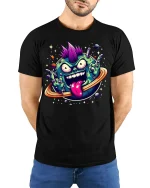 Punk Planet Cartoon T-shirt with Space Art Print - model with hands behind back, wearing Black T-shirt and blue jeans