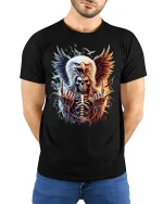 American Eagle Skeleton Rock T-shirt for Men - model with hands behind back, wearing Black T-shirt and blue jeans