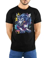 Neon Wild Wolf T-shirt with Street Art Style - model with hands behind back, wearing Black T-shirt and blue jeans