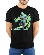 Neon Slime Ninja T-shirt for Gamers and Geeks - model with hands behind back, wearing Black T-shirt and blue jeans