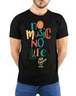 No Music No Life Colorful Quote T-shirt for Men - model with hands behind back, wearing Black T-shirt and blue jeans