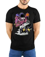 Crazy Monster Basketball Car T-shirt Design - model with hands behind back, wearing Black T-shirt and blue jeans
