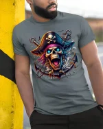 Flaming Skull Pirate T-shirt with Neon Artwork - model leaning on yellow-black pole, wearing Gray T-shirt, hand in pocket