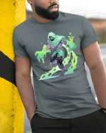 Neon Slime Ninja T-shirt for Gamers and Geeks - model leaning on yellow-black pole, wearing Gray T-shirt, hand in pocket