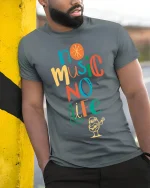 No Music No Life Colorful Quote T-shirt for Men - model leaning on yellow-black pole, wearing Gray T-shirt, hand in pocket