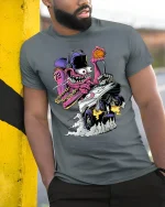 Crazy Monster Basketball Car T-shirt Design - model leaning on yellow-black pole, wearing Gray T-shirt, hand in pocket