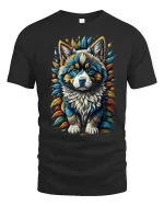 Vibrant Husky Pup Graphic T-shirt - black t-shirt on white background
