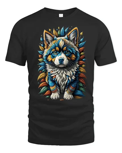 Vibrant Husky Pup Graphic T-shirt - black t-shirt on white background