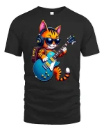 Cool Rock Cat Guitar Tee - black t-shirt on white background