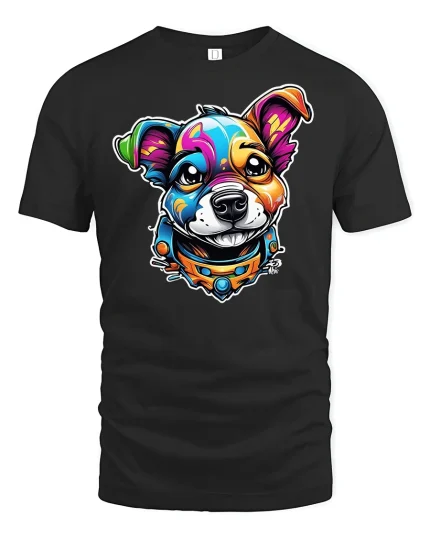 Colorful Pup T-shirt with Cute Dog Graphic - black t-shirt on white background