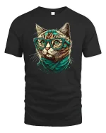 Hipster Cat T-shirt with Glasses - black t-shirt on white background