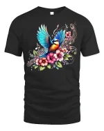 Colorful Songbird and Floral Music Tee - black t-shirt on white background