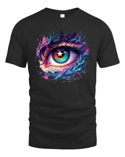 Cosmic Eye Splash Psychedelic Art T-shirt - black t-shirt on white background